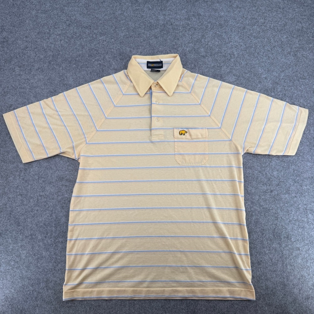 Jack Nicklaus Polo Men L Golden Bear Yellow Striped Raglan Pocket Short Sleeve